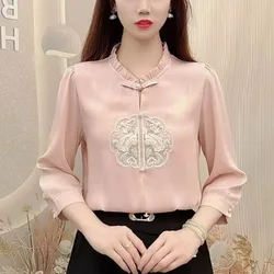 Chinese Style Women's Shirts Embroidery Loose Vintage Blouses Satin Clothing Fashion Half sleeve Tops