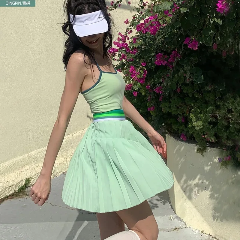 Green Spaghetti Strap Dress with Shorts Pocket Tennis Golf Wear Two Piece Set Badminton Sport Workout Clothes Casual Outdoor