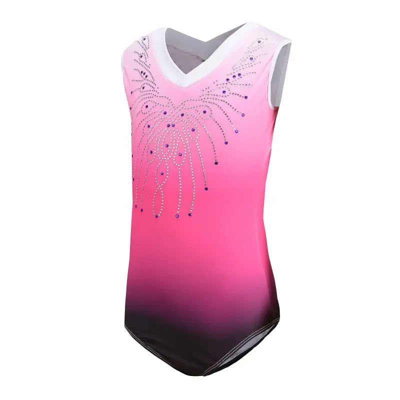 Kids Girls Sleeveless Mesh Diamonds Ballet Dance Leotard Gymnastics Bodysuit Dancewear Figure Ice Skating Performance Clothes