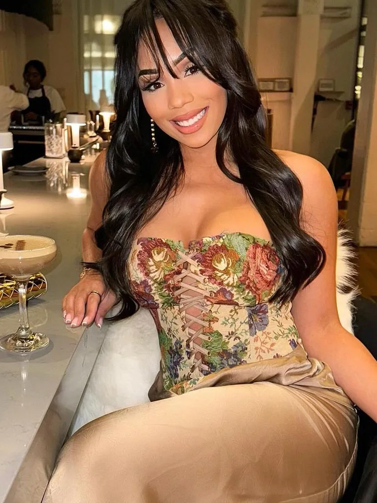 

BKQU Vintage Floral Print Corset Tops Women's Sexy Strapless Bandage Skinny Crop Tops 2026 New Summer Club Party Vest Tube Tops