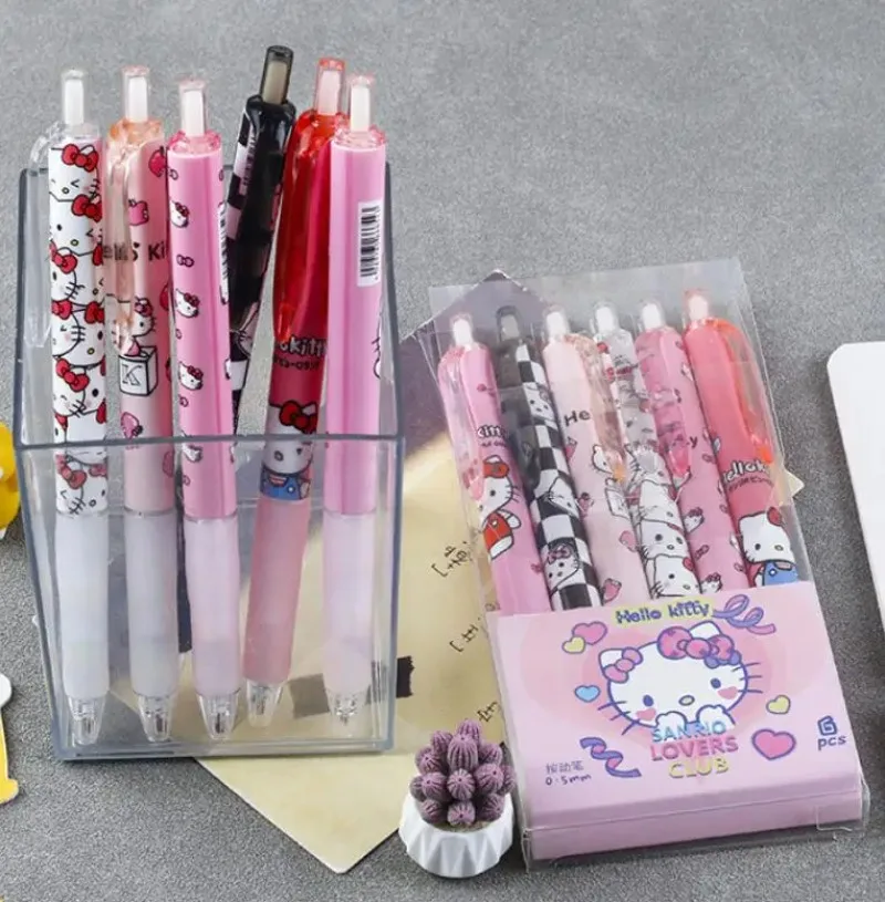 Sanrio-Juego de bolígrafos de Gel Hello Kitty para niños, 6 piezas, Kawaii Kuromi Cinnamoroll, de secado rápido, color negro, 0,5mm, suministros escolares para estudiantes