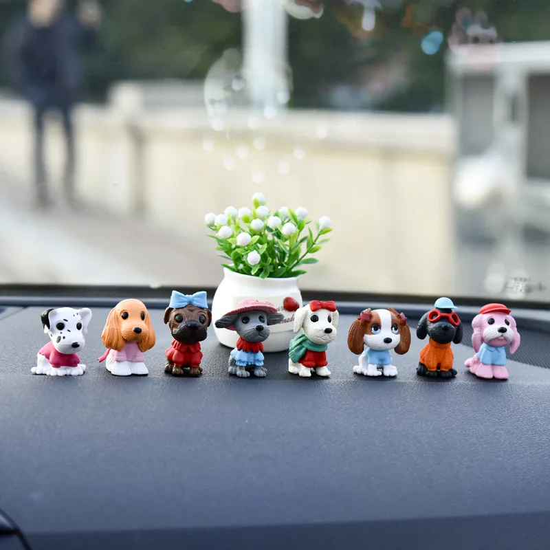 Cute Little Dog Car Dashboard Decoration Set Resin Puppy Figurines with 8 Different Outfits And Accessories for Car Interior