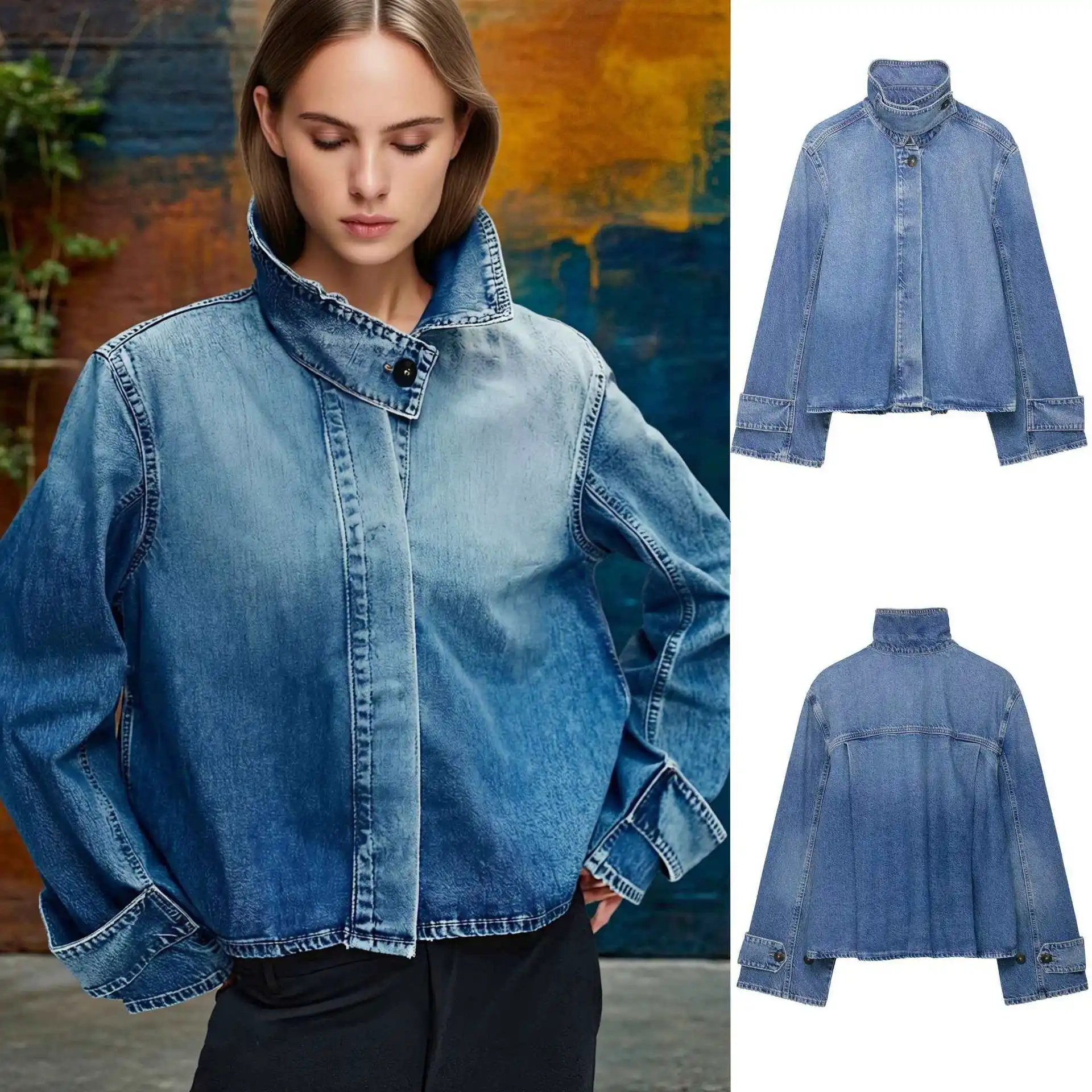 

KIDCRKJ Chic Women Denim Cropped Jackets Stand Collar Loose Zipper Pockets Female Coat 2026 Spring Full Sleeve Female Outwear