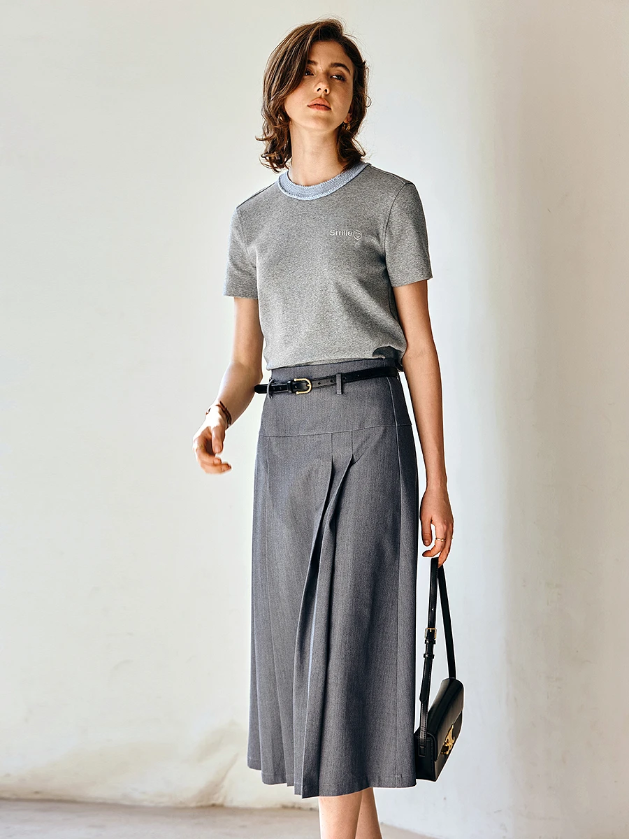 OLrain Dames Zomer T-shirt met korte mouwen 2025 Mode Contrastkleur Borduren Tee Klassieke Veelzijdige O-hals Top O57XT96862