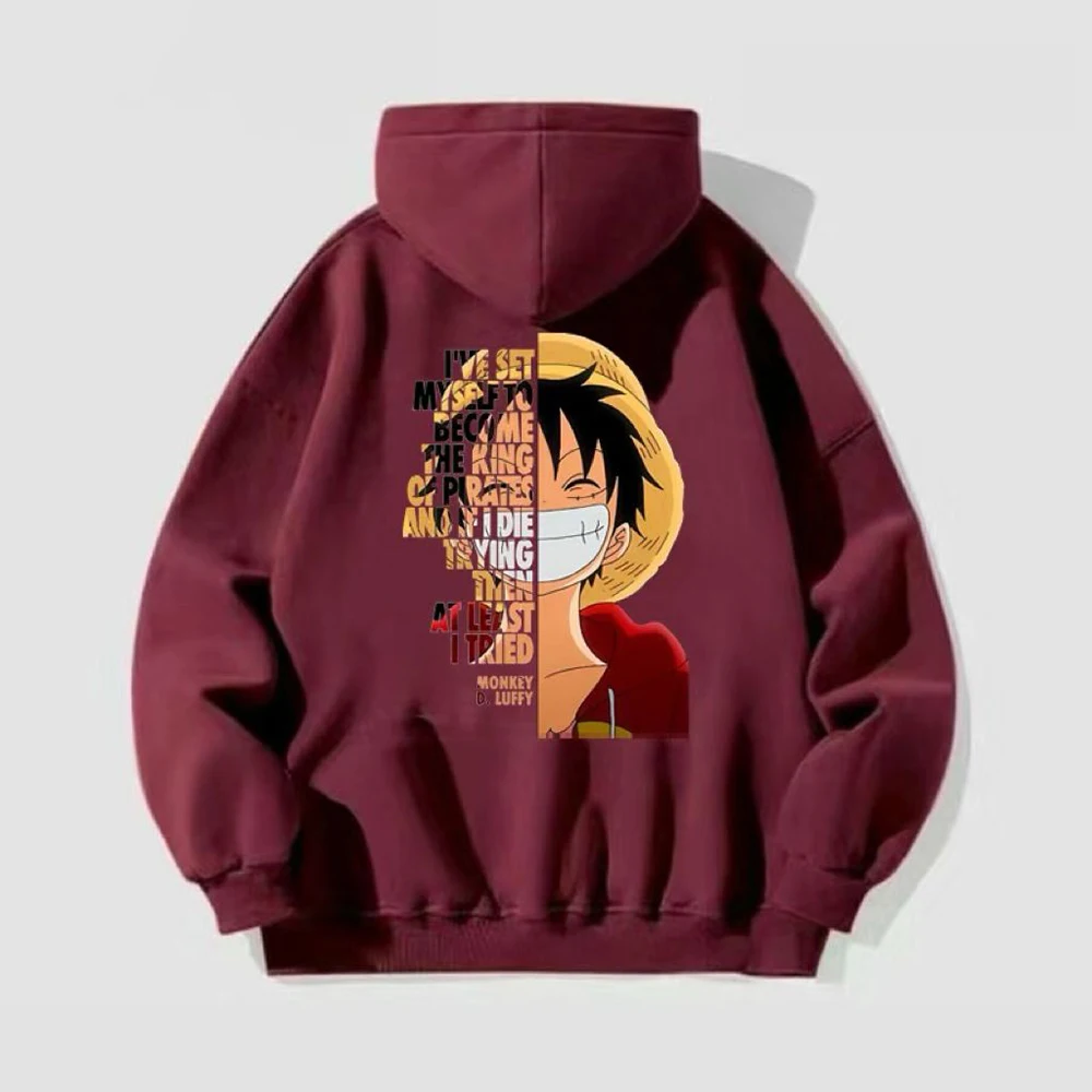 One Piece Luffy Graphic Hoodie Sweatshirt Oversized Loose Hooded Pullover with Back Portrait Slogan Print Daily Street Outfit