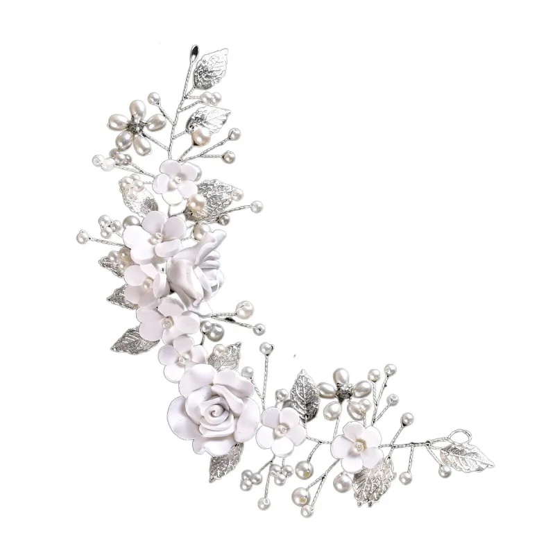 2024 White Soft Pottery Flower Women's Fashion and Elegant Party Dinner Hair Strap Silver Girl Gold Leaf Bridal Hair Accessories