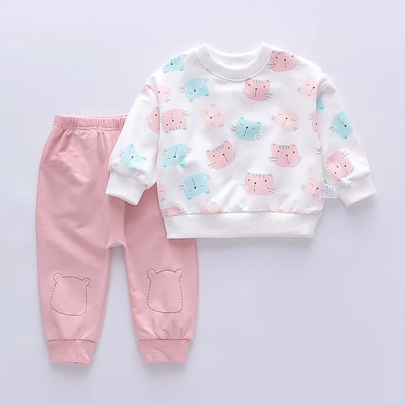 Vestiti per neonate Set Autunno Vestiti per ragazze 1-5 anni Bambini Cartoon Cat T-shirt Pantaloni 2 pezzi / set Tute casual per bambini all'aperto