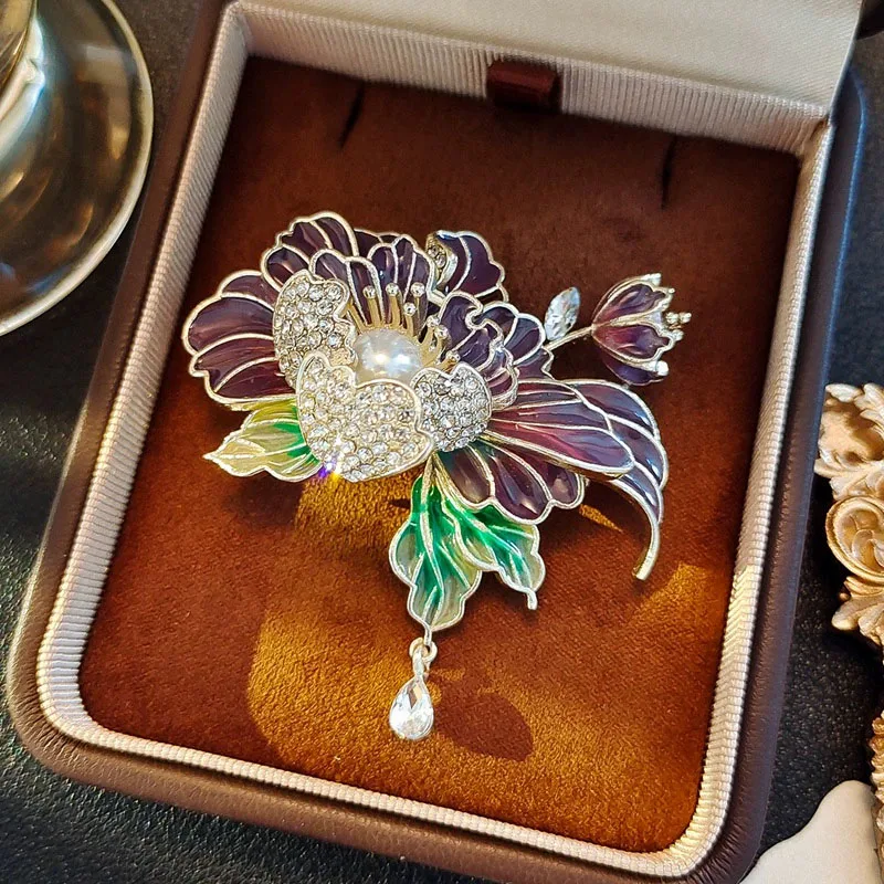 Chinese Style Rich and Honored Peony Flower Brooch for Women Dainty Imitation Pearl Rhinestone Brooch Pins Banquet Party Jewelry