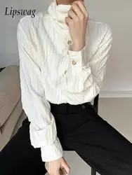 Fashionable Mens Turtleneck Shirts Slim Long Sleeve Button-up Jacquard Textured Shirt For Men 2025 Spring Autumn Trendy Blouses