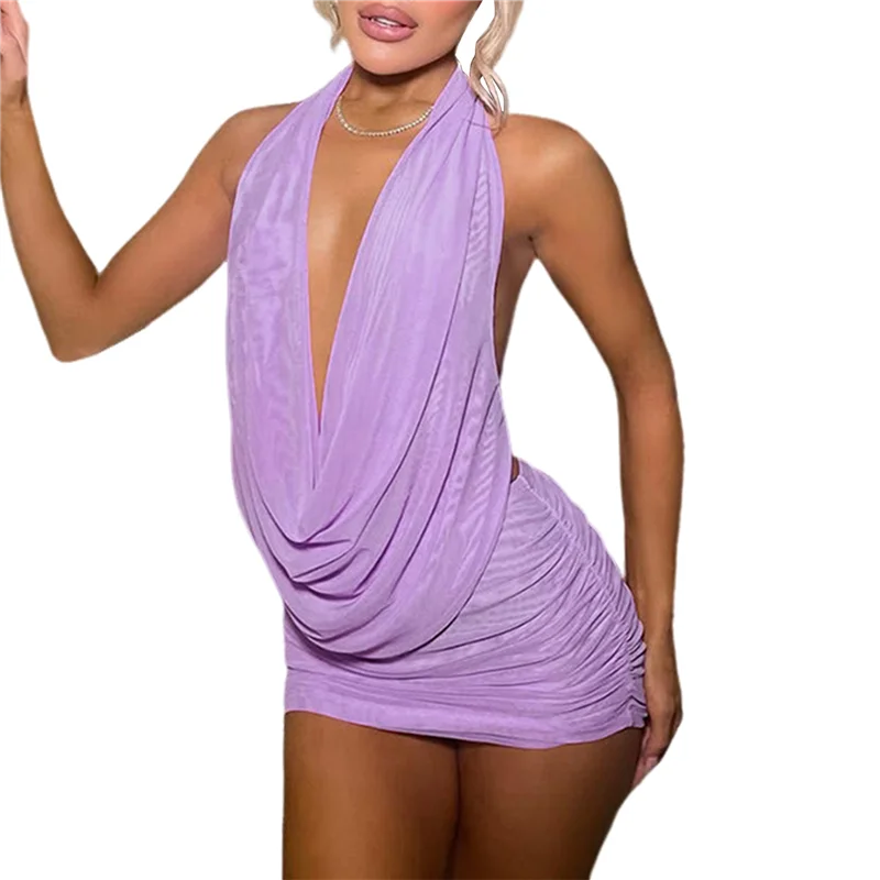 ASDS-Damen-Minikleid mit tiefem V-Ausschnitt, Neckholder, figurbetont, ärmellos, für Party und Club