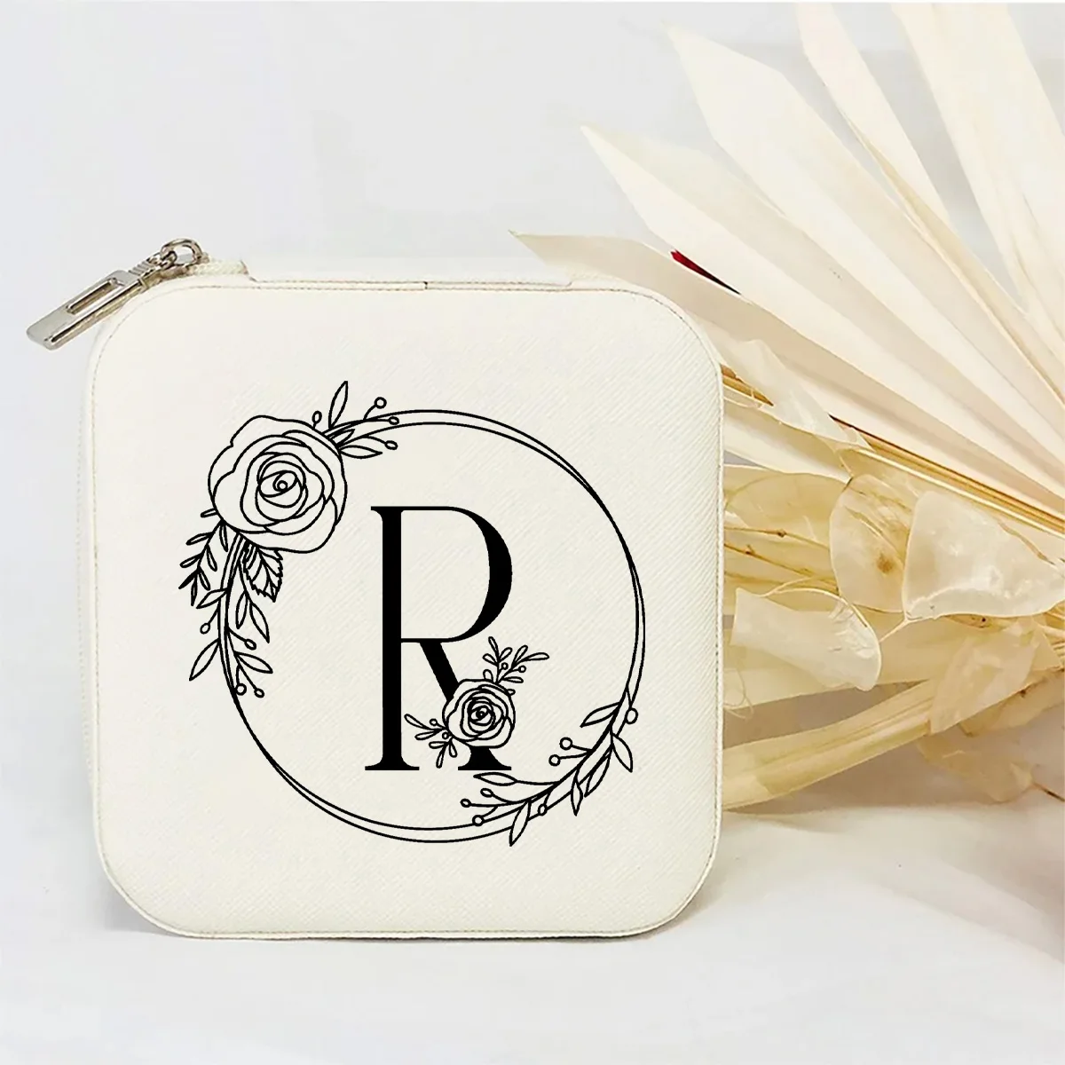 Personalized floral first letter jewelry box, mini portable travel storage box, ring, earring, and necklace zipper storage box