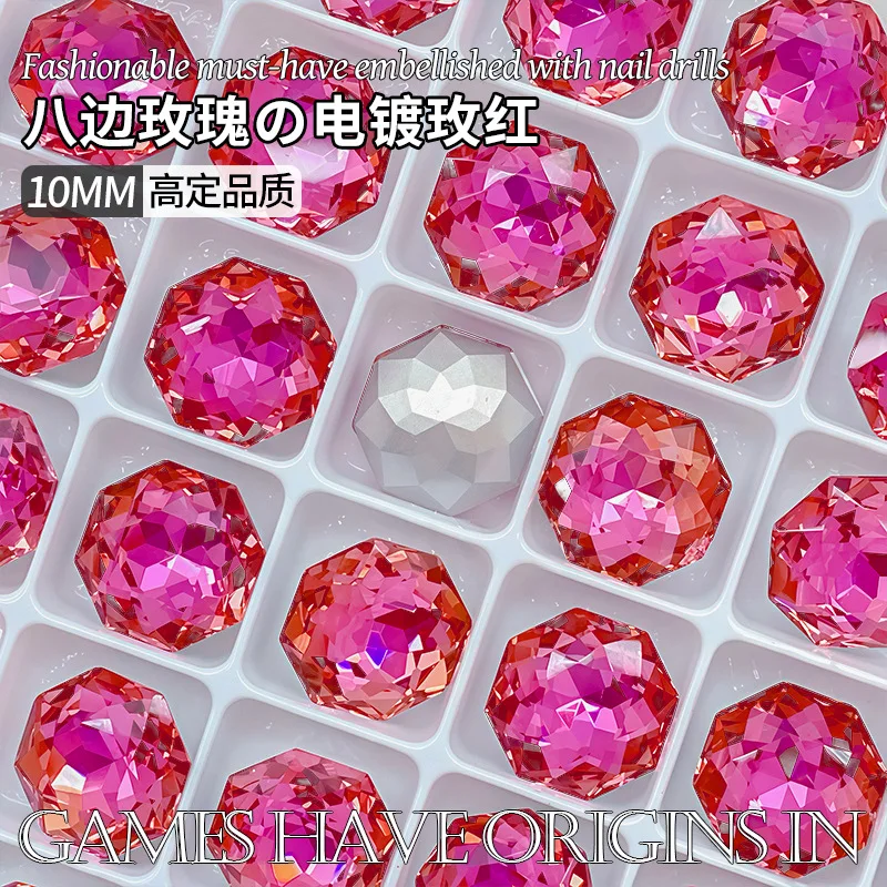 K9 คริสตัล 10 มม.แปดเหลี่ยม Rose เพชรดอกไม้ Facets Pointed Bottomed อัญมณีใช้สําหรับต่างหูสร้อยคอเครื่องประดับเล็บอุปกรณ์เสริม