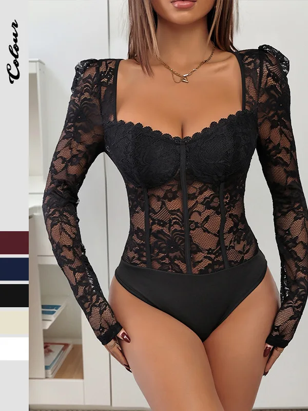 

Ele Sexy Lace Trim Jumpsuit Women's Square Ne Tight Fit One-Piece Suit High Waist ort Pants Thin Spring Summer