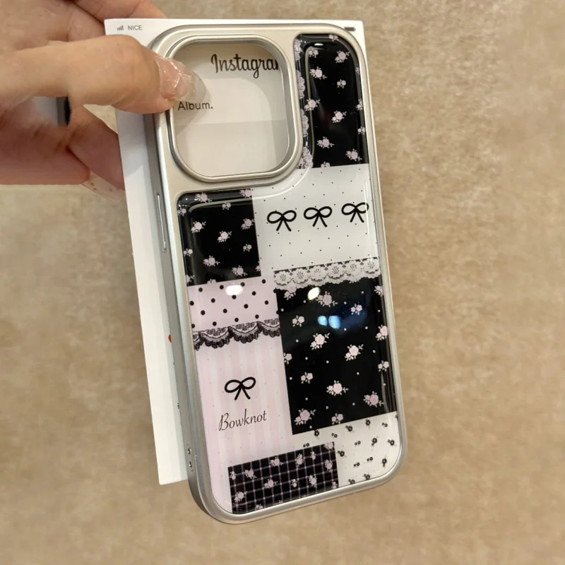 INS Cute Lace Bow Floral Polka Dot Letters Plating Phone Case For iPhone 16 15 14 Pro Max 13Pro Protective Back Cover Sweet Girl