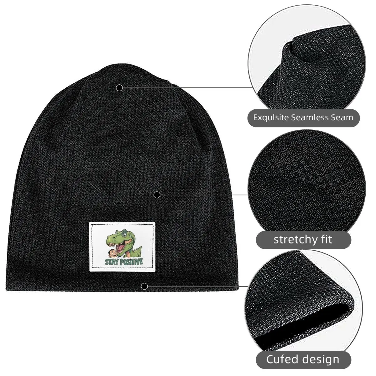 Stay Positive Funny T-Rex Dinosaur Sticker Waffle Knit Fleece Lined Beanie with PU Leather Patch Unisex Warm Winter Soft Cap
