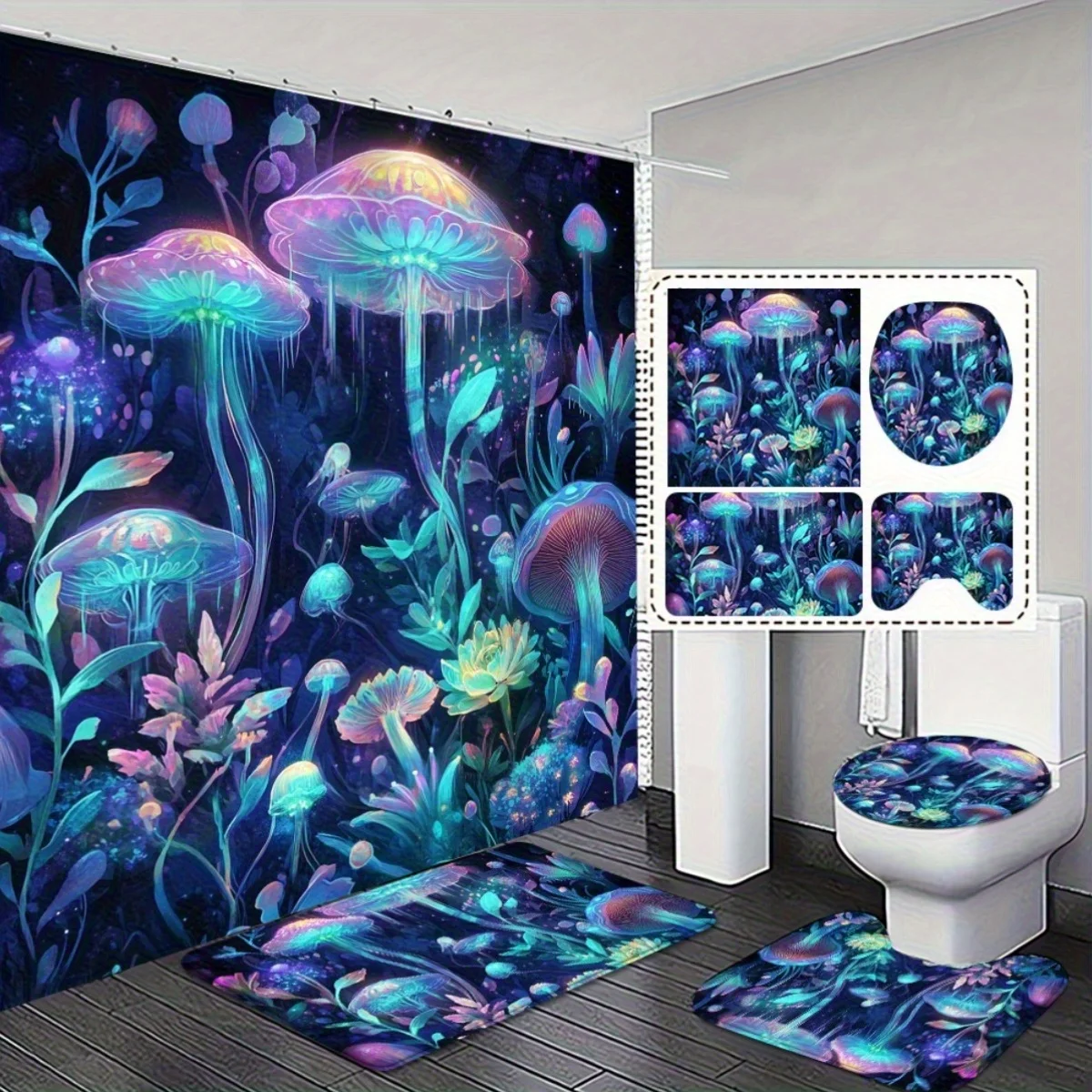

4pcs Vibrant Mushroom & Floral Shower Curtain Set with Matching Non-Slip Bath Mat , Absorbent, and Machine Washable for Mode