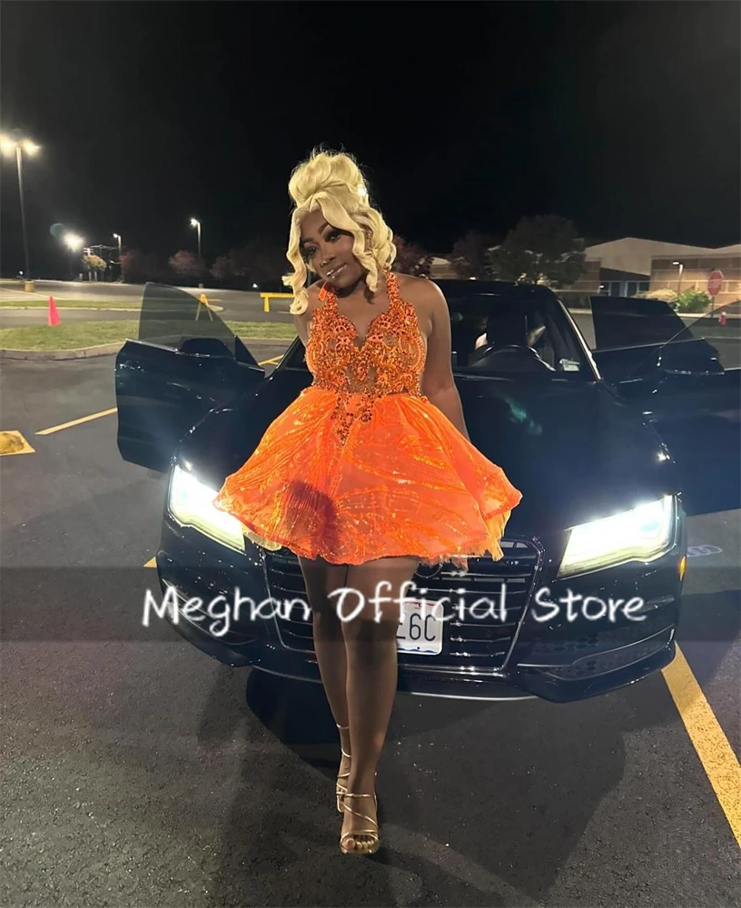Orange Halter Prom Dresses Short Bead Crystal Appliques 2025 Birthday Luxury Dress Black Girl Ball Gown Mini Cocktail Customized