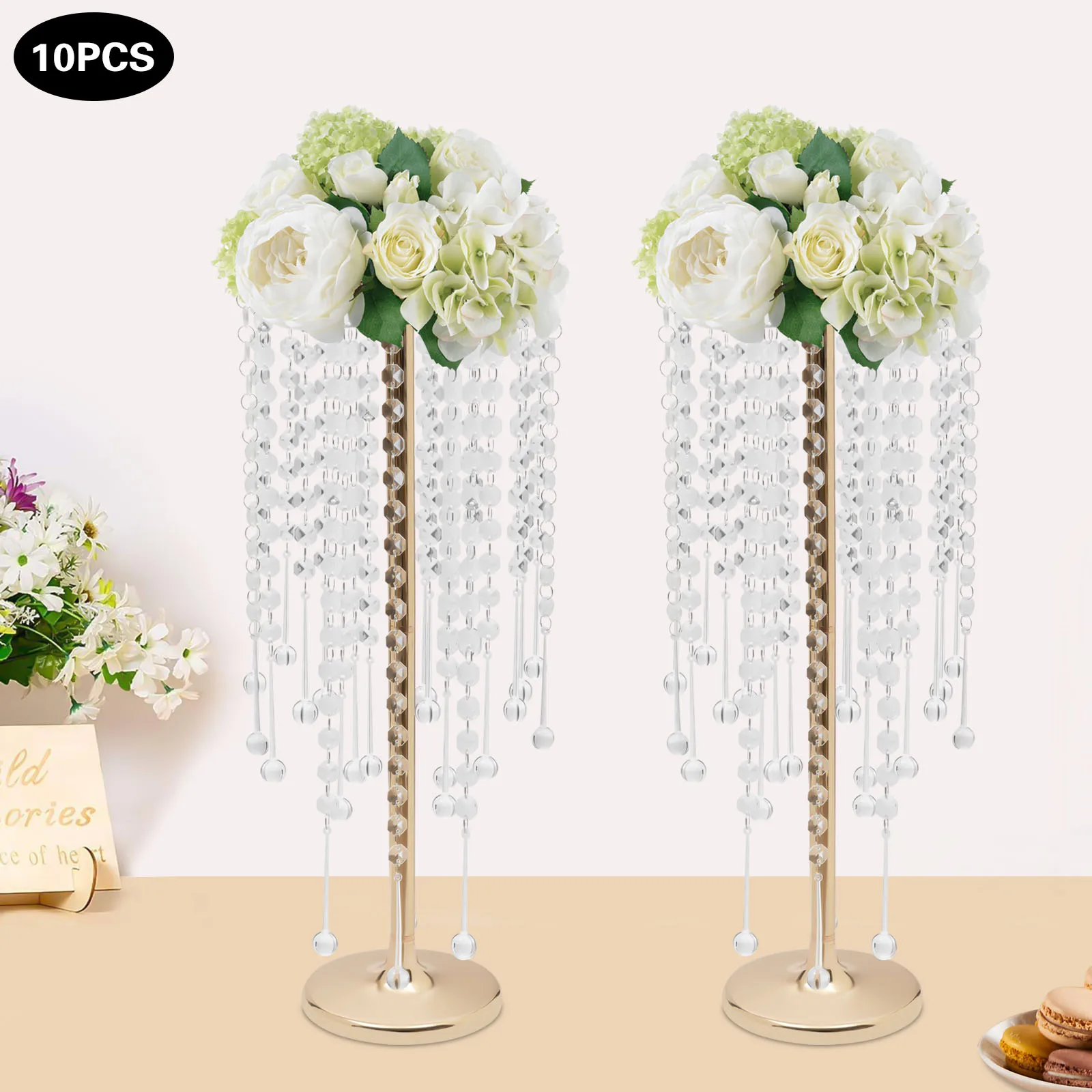 

10Pcs Crystal Acrylic Wedding Centerpieces Gold Flower Stand Party Home Decor 55cm Height