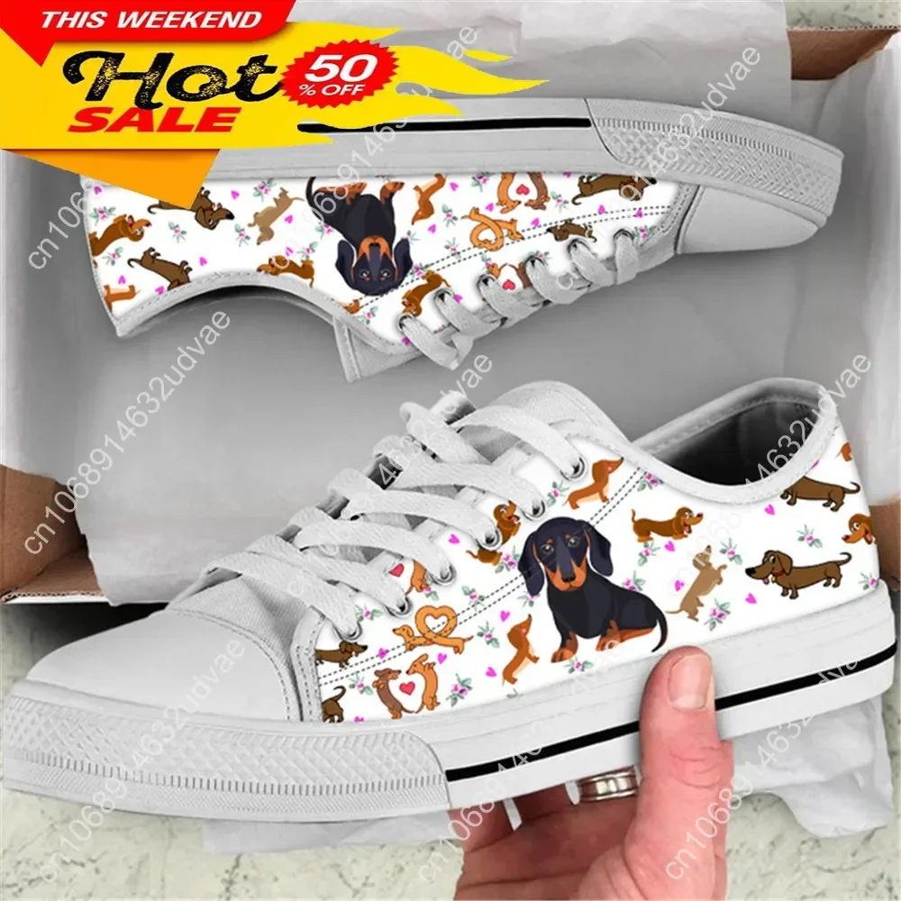 Cute Dachshund Print Women Canvas Shoes Pet Dog Flat Shoes For Ladies Casual Female Lace Up Walking Shoes