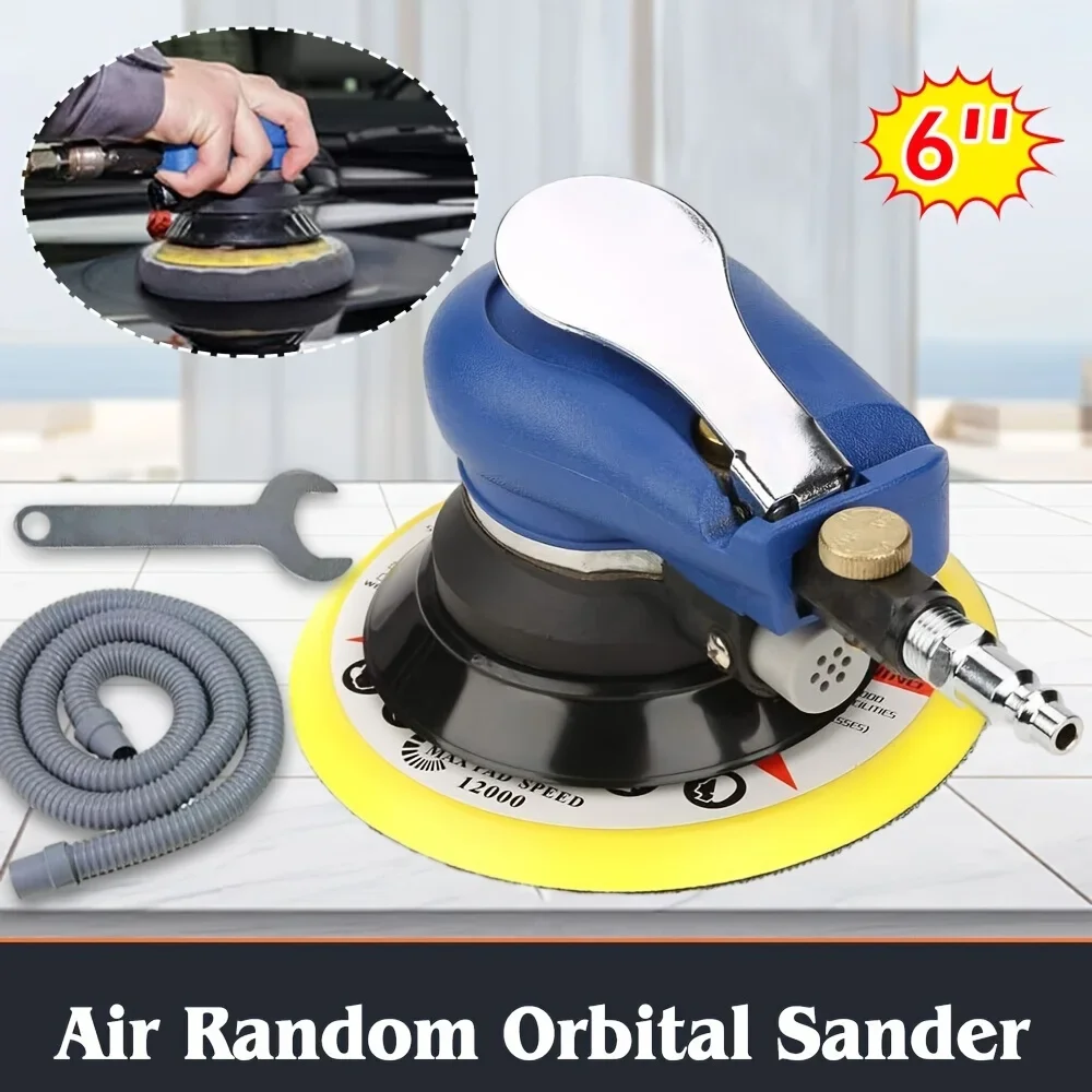 Random 6'' Air Powered DA Palm Sander Set for Auto Body with Buffing and Sanding Discs - Orbital Style