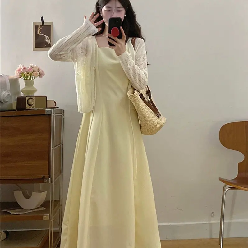 

plus Size Yellow Strap Dress Elegant Style Two Piece Set Slimming A-Line Long Skirt High Waist Polyester Fiber Autumn Wear