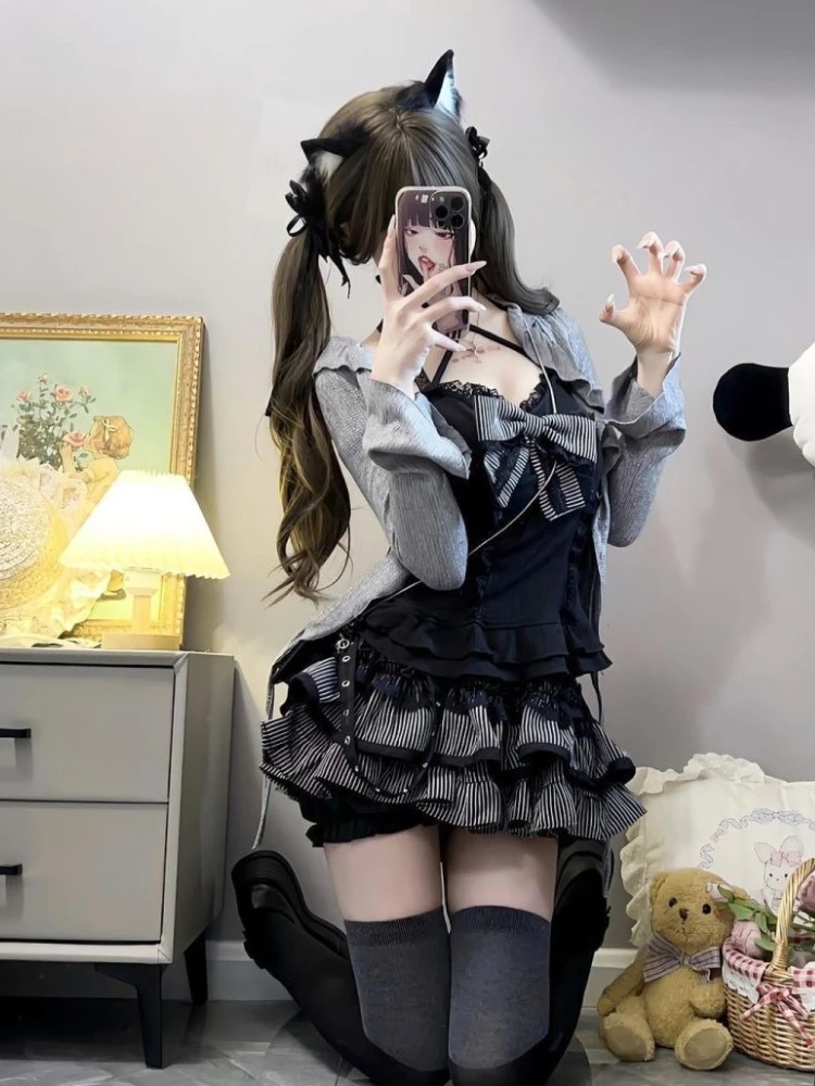 Y2k القوطية الزي النساء ثقافة فرعية لطيف القوس مجموعة فستان الحلو الجرونج المحاصيل القمم + ميدي تنورة موضة الحلو الأمريكية E-girl الخريف #1