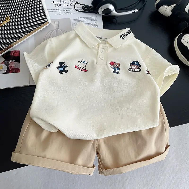 Nueva moda de verano para niños, ropa para bebés, trajes infantiles, camiseta Polo con dibujos de oso, pantalones cortos, 2 unidades/conjunto, disfraz informal para niños pequeños