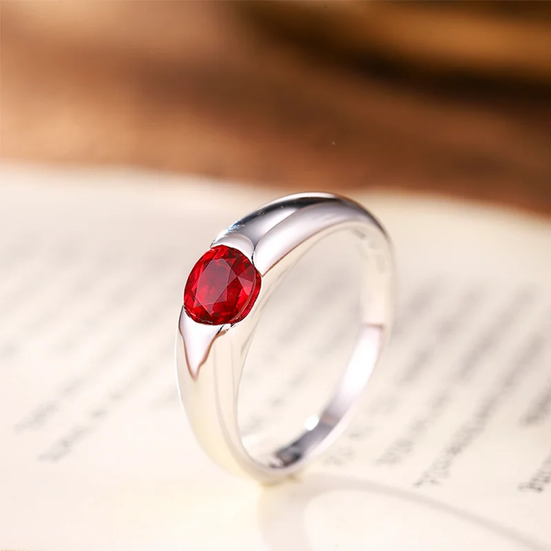 925 Silver 1ct Cultured Blood Red Sapphire Ring for Women Fashionable Personality High-End Feeling Jewelry Accessory