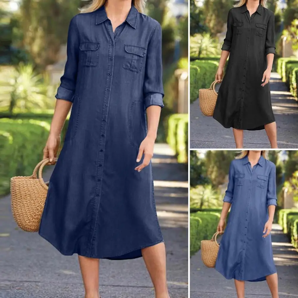 Vestido de camisa de peito único feminino, vestido Denim Midi, gola virada para baixo, ajuste solto, mangas compridas, bolsos múltiplos, monocromático, roupa feminina