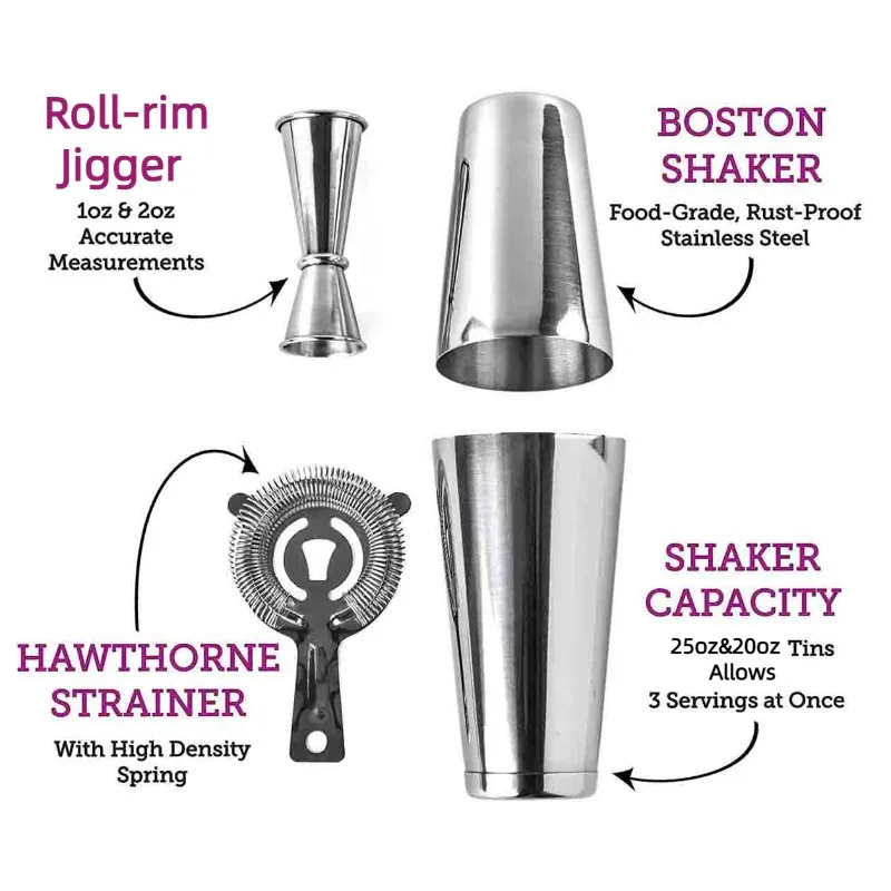 5Pcs Mini Stainless Steel Bartender Kit, 750ml Boston Cocktail Shaker Essential Tools, Portable Drink Mixing Set For Travel Bar