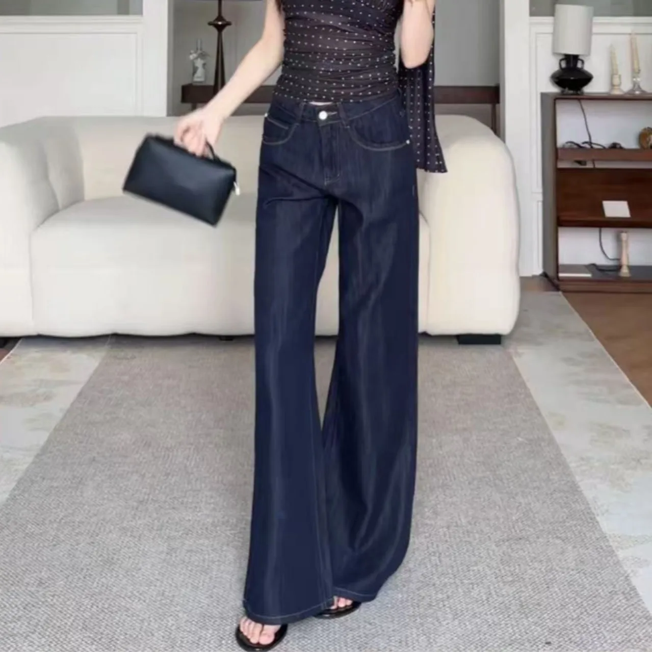 

Summer New Loose Wide Leg Jeans Women's High Waist Straight Leg Pants Long Trousers Cool Feeling Casual Low Waist Rinsed