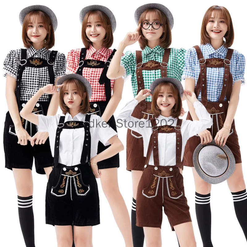 Germany Oktoberfest Beer Women Lederhosen Costume Halloween Bavarian Carnival Party Deluxe Cosplay Suspenders Shorts