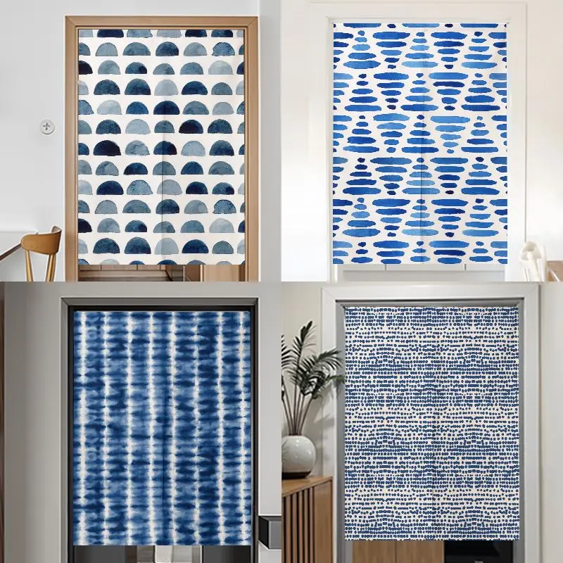 VIKAMA Wabi-Sabi Minimalist Half-Door Curtain, Vintage Indigo Tie-Dye Fabric Room Divider Curtain, Entryway Home Decor