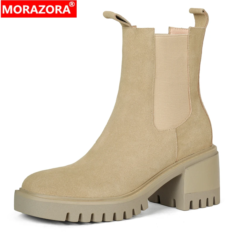 

MORAZORA New Cow Suede Leather Ankle Boots Chunky Square Heels Chelsea Boots Women Slip On Autumn Winter Ladies Shoes