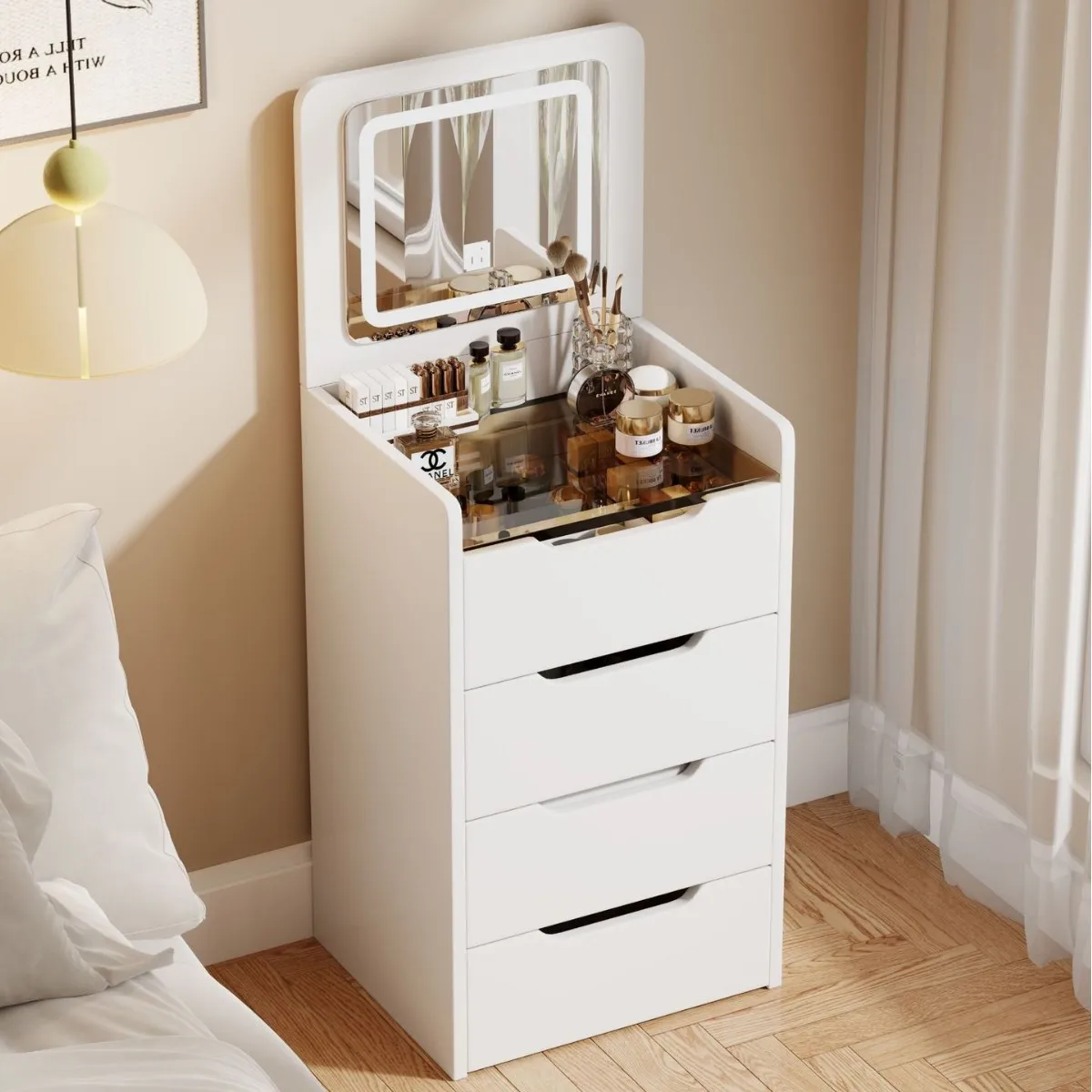 HYS dressing table small bedroom simple dressing table small apartment dressing table flip cover with makeup mirror storage