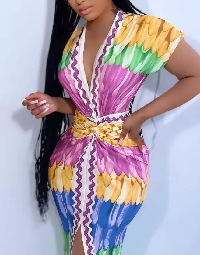 

Dresses for Women Multi-Color Print Deep V-Neck Front Slit Fashion Dress Women's Casual Twist Front Cinched Waist Vacation Dress