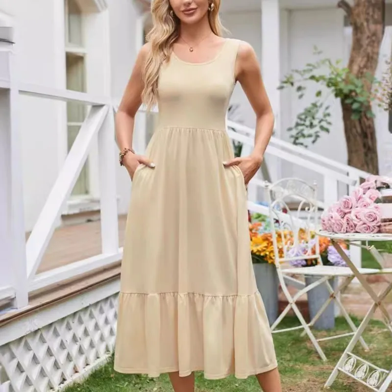 Abito casual con bretelle a pieghe Abito da donna elegante con scollo quadrato Una linea di abiti lunghi con canotta Abito estivo da spiaggia in tinta unita