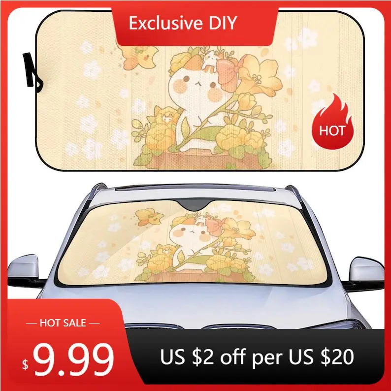 Kawaii cat in the wood Windshield Sunshade, cute kitty yellow window sun blocker, kawaii car shade auto interior decor, Car acce