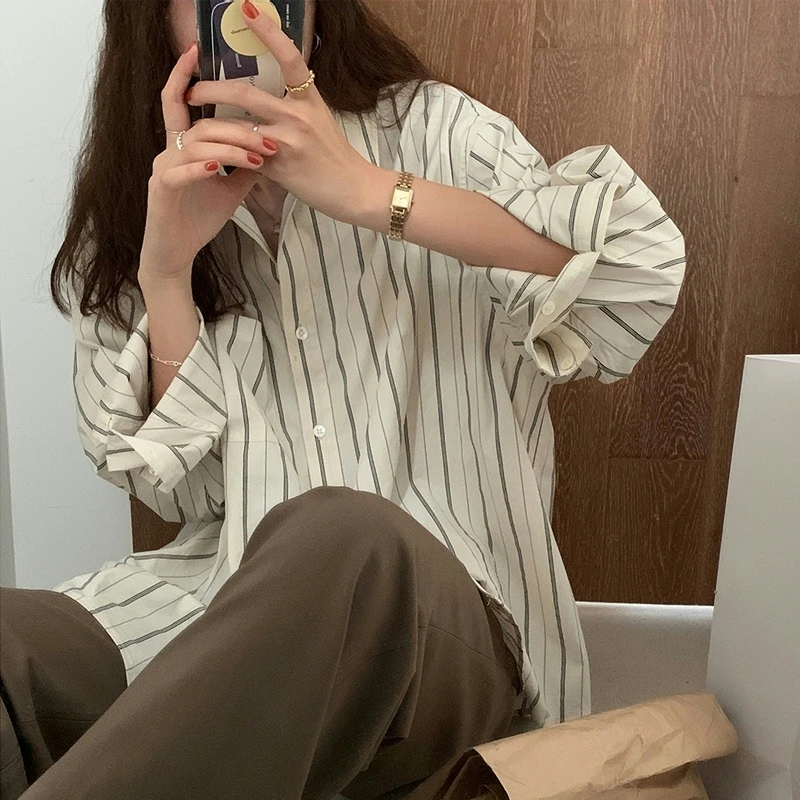 Women's Long Sve Striped Irt Spring Autumn Korean Sle Loose Hong Kong Sle Top Layered Wear Faion Commute Sle