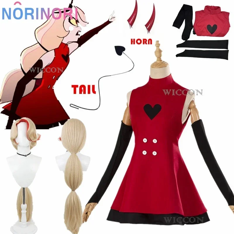 Anime Hazzbin for Game Fans Hotel Charlie Cosplay Halloween Costume Adult Kids Red Dress Wig Horn Tail Sexy Sleeveless Skirt