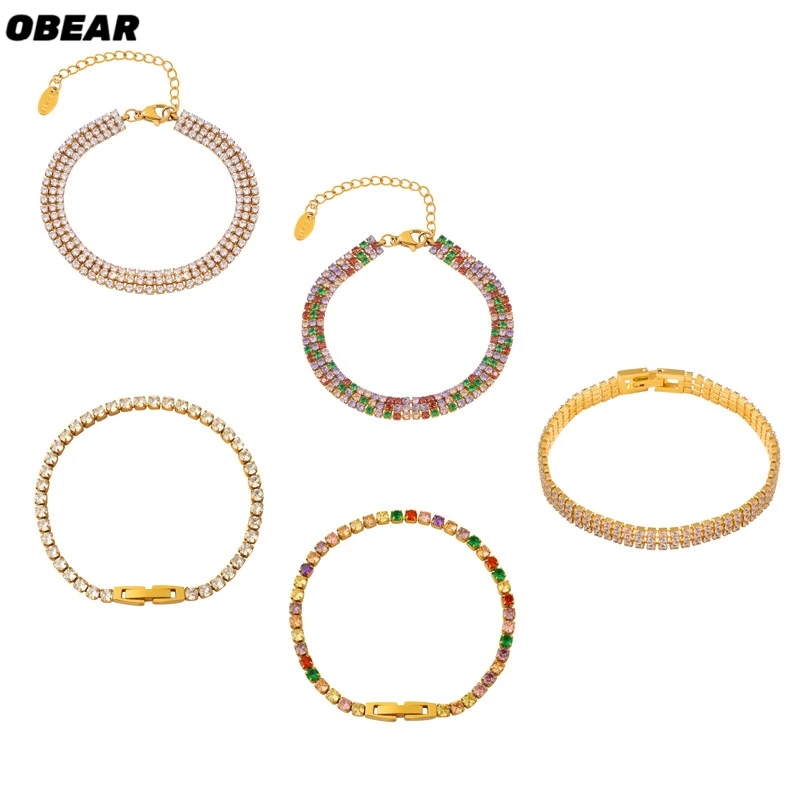 18K Gold Plated Stainless Steel Bracelet for Women, Sparkling Cubic Zirconia & Rainbow Crystal Chain, Adjustable Stackable Jewel