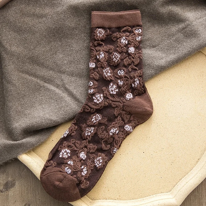 25 Patterns Cotton Floral Women Coffee Elegant Harajuku Retro Vintage Streetwear Long Socks Female Classic GirlsBrown Sox Autumn