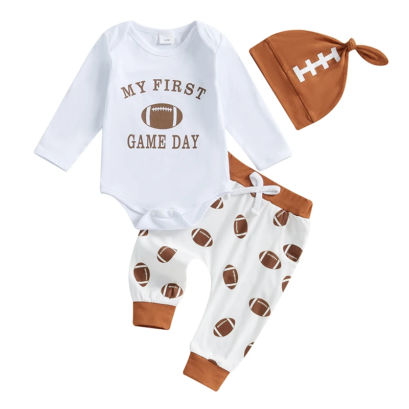 

Baby Boy Fall Outfit Rugby Print Long Sleeve Rompers and Elastic Pants Hat Set Spring 3 Piece Clothes