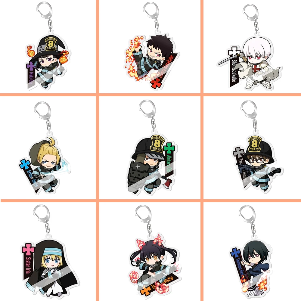 Fire Force Shinra Kusakabe Anime Keychains Arthur Boyle Pendants Kotatsu Tamaki Cartoon Keyrings Bag Tag Baji Accessory