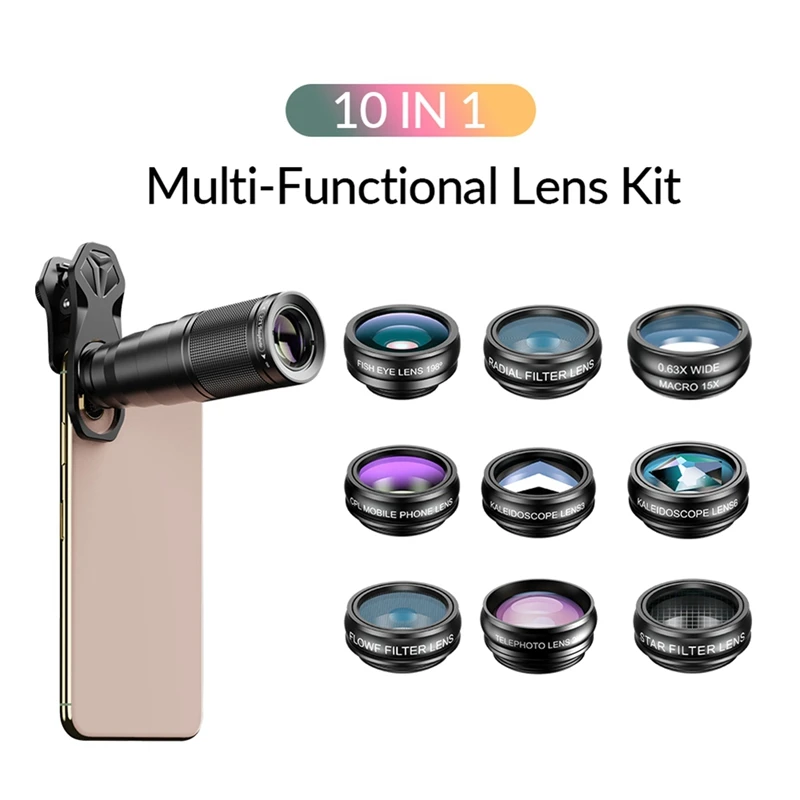 10 In 1 Mobile Phone Lens Kit 22X Telephoto Lens Fisheye Lens+Wide Angle Macro Lens+CPL Filters For All Smartphones