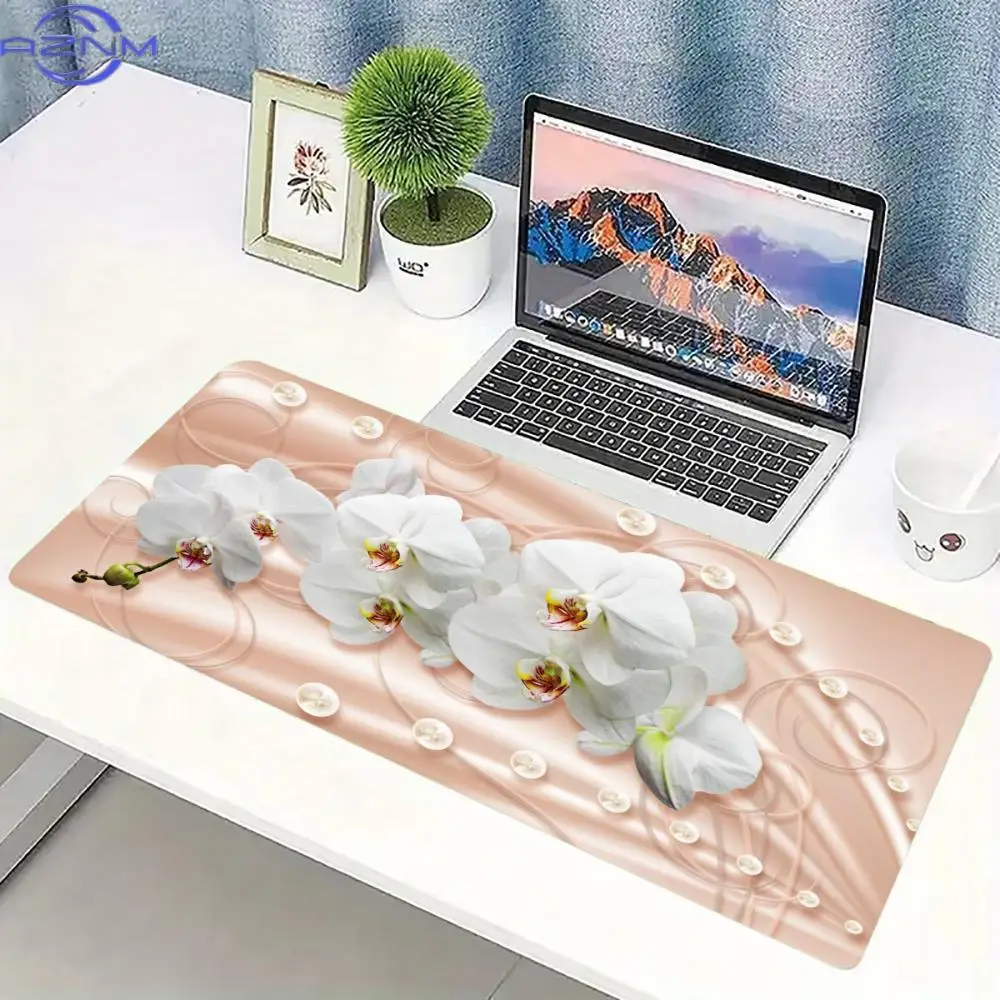 Silk White Orchid Floral Desk Surface Aesthetic Gaming Area Non Slip Rubber Extended Keyboard Office Workstation Zone