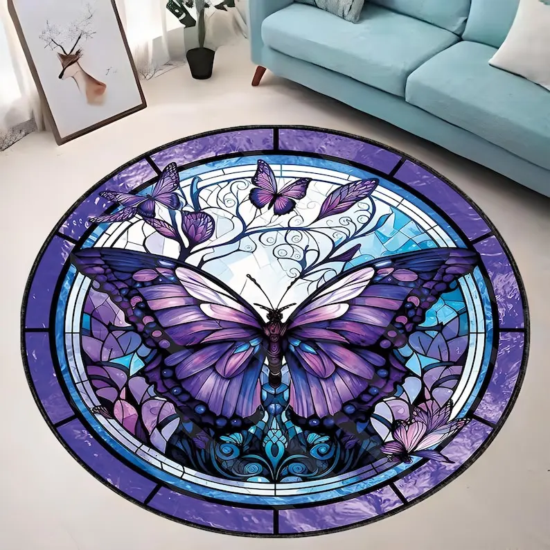 

Purple Butterfly design carpet living room with large area covered sofa, coffee table mat, entrance door mat carpet living room