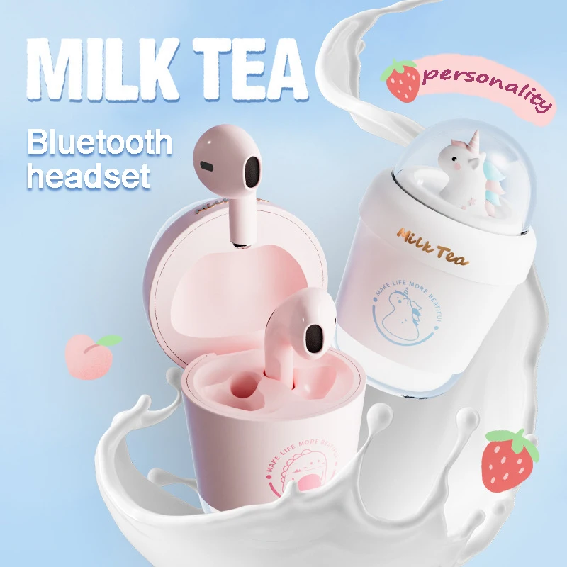 Cute Cartoon Bluetooth Earbuds Creative Milk Tea Cups In-Ear IPX6 Waterproof Earphone Hi-Fi Sound Earset for Friend Kid Gifts