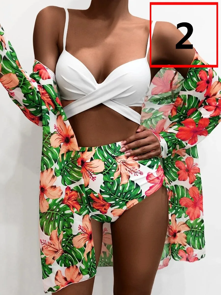 2022 New Sexy Three Pieces Bikini Set Cover Up Swimwear Women Swimsuit Print Long Sleeve Bathing Suit Beachwear Swimming Biquini
