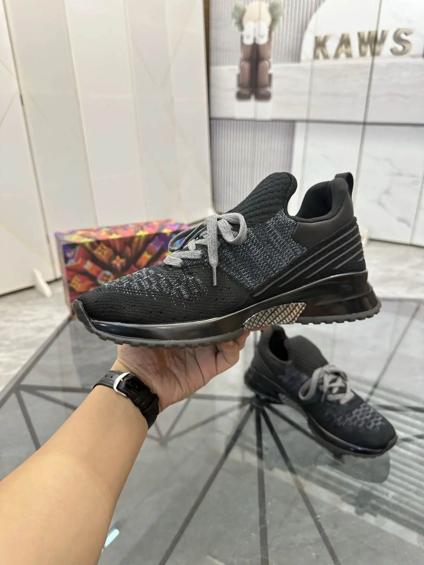 Men Women Black Grey Knit Mesh Thick Sole Running Shoes Breathable Knitted PU Splicing Casual Shoes Minimalist Couple Lace-up Anti-slip Sports Sneakers